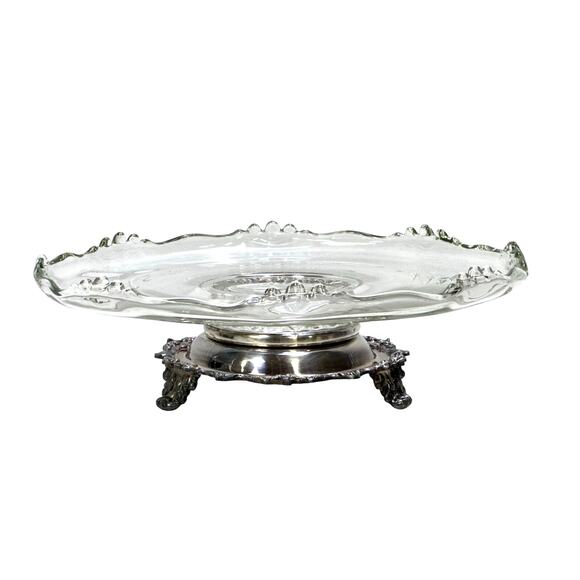 Sacks Silver Plate Vintage Footed Lazy Susan Glass Revolving 13" Cake Stand - Picture 1 of 7